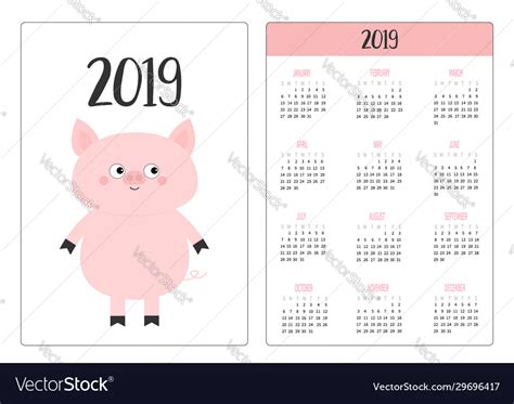 Pig Piggy Simple Pocket Calendar Layout 2019 New Vector Image