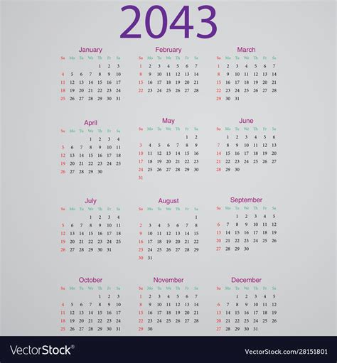 Calendar 2043 Royalty Free Vector Image Vectorstock
