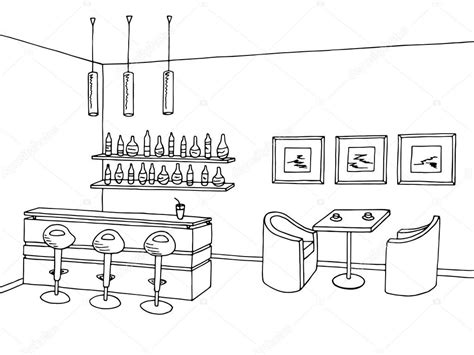 Café bar interior gráfico arte negro blanco boceto ilustración vector