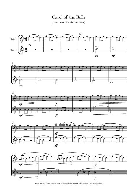 You can hear the original choral version (in english at least) in 'harry potter and the prisoner of azkaban' and 'home alone'. Carol of the Bells Sheet music for Flute Duet - 8notes.com