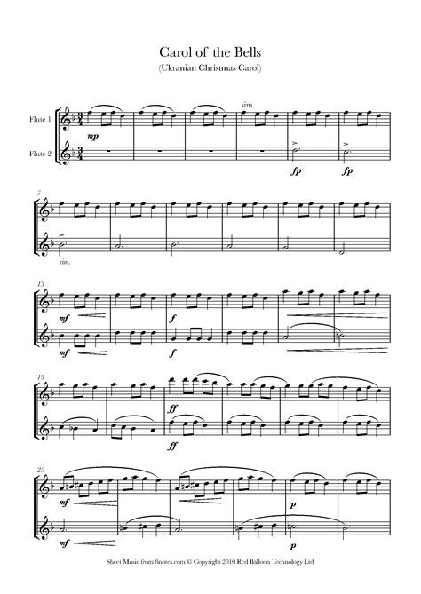 You can hear the original choral version (in english at least) in 'harry potter and the prisoner of azkaban' and 'home alone'. Carol of the Bells Sheet music for Flute Duet - 8notes.com