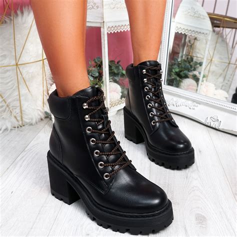 Womens Ladies Lace Up Biker Ankle Boots Platform Chunky Heels Winter