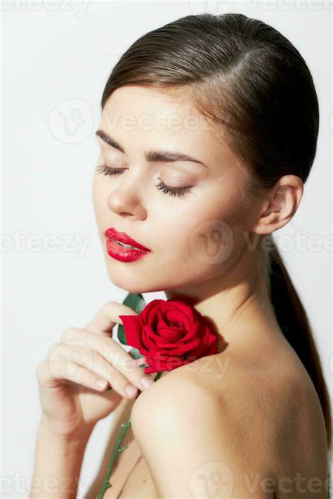 Lady With Rose Eyes Closed Red Lips Model Luxury 23688072 Stock Photo