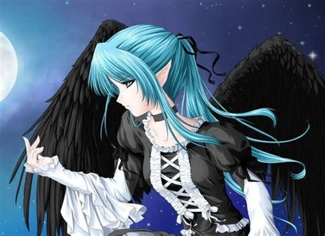 An Anime Angel With Black Wings Under A Full Moon Cute