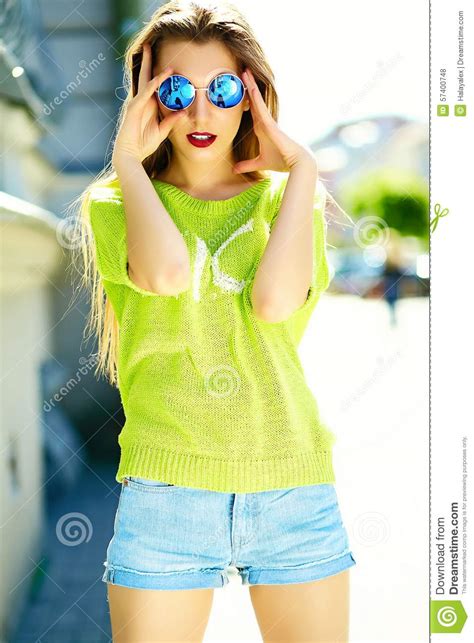 Funny Stylish Model Girl In Casual Hipster Cloth In The Street Stock