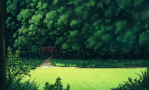 Anime Paisaje Bosque árboles Hierba Camino Escénico Anime Fondo