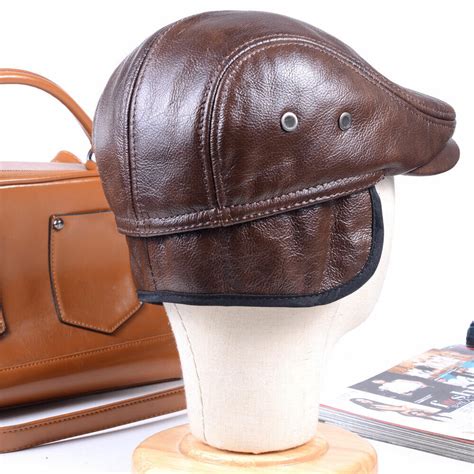 Mens Real Leather Winter Warm Ear Flap Army Beret Peaked Cap Newsboy