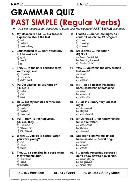 English Grammar Past Simple With Regular Verbs Only