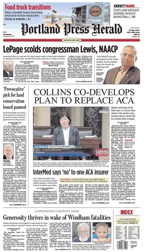 Todays Portland Press Herald Front Page Wednesday January 18 2017