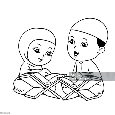 Muslim Kids Learnig Quran Hand Drawn Illustration Stock Illustration