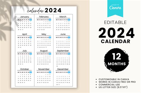 2024 Calendar Canva Editable Template Graphic By Ovis Publishing
