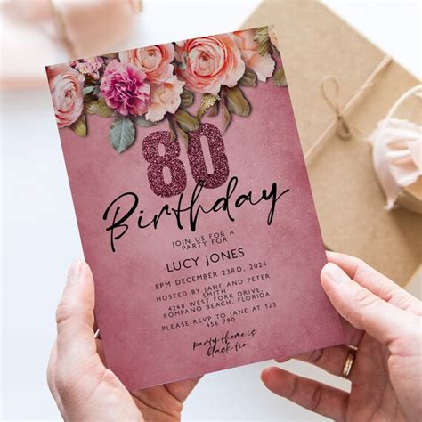 80th Birthday Invitation Template Editable Floral Birthday Pink Roses