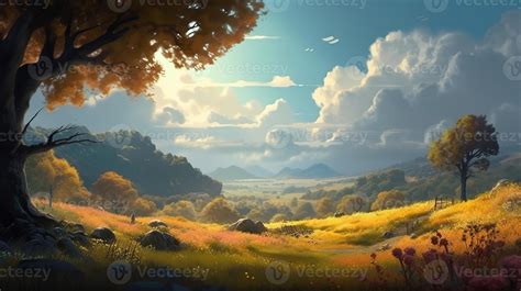 Meadow Fantasy Backdrop Concept Art Realistic Illustration Background