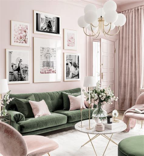 Stylish Gallery Wall Pink Green Living Room Black And White Posters
