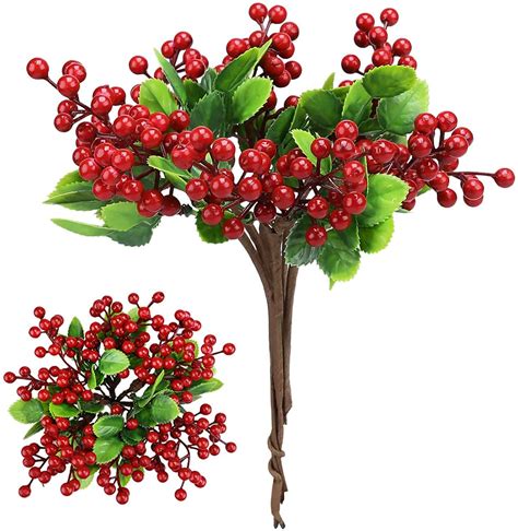 6 Pcs Red Artificial Berry Stems Holly Christmas Berries Artificial
