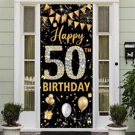 50th Birthday Decorations Door Banner Black Gold Happy 50th Birthday