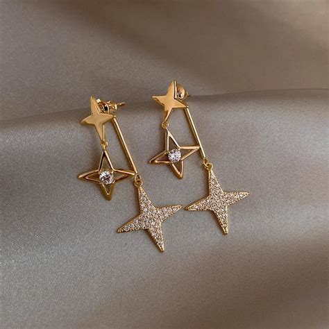 Unique Gold Stars Dangle Earrings Dainty Sun And Star Drop Etsy