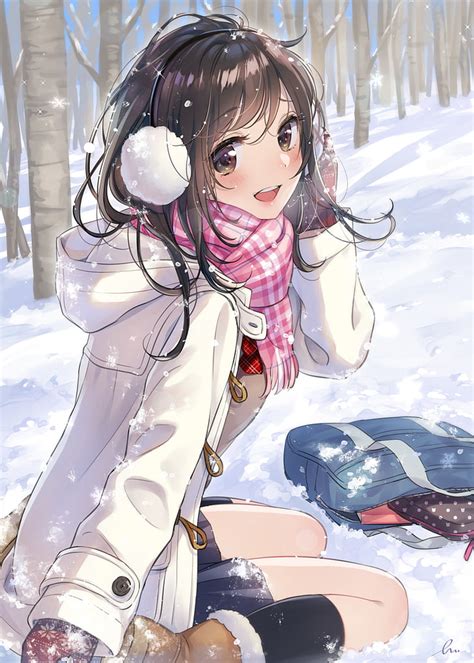 Hd Wallpaper Anime Anime Girls Brunette Snow Cold Temperature