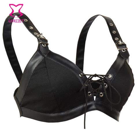 Sexy Black Leather Lace Up Bralette Bras For Women Punk Push Up Strapless Bra Bustier Crop Top