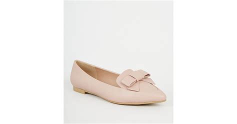 Pale Pink Leather Look Pointed Bow Loafers New Look