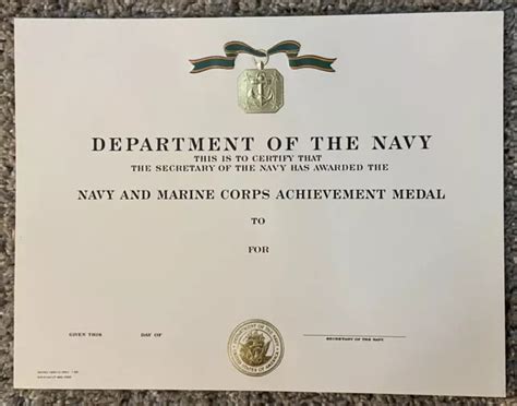 Vintage Usmc Navy And Marine Corps Achievement Medal Award Certificate