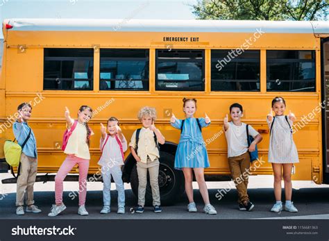 Group Adorable Schoolchildren Standing Front School Stock Photo