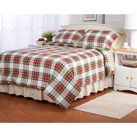 Twin Full Queen King Bed Red Green White Plaid Holiday 3pc Flannel