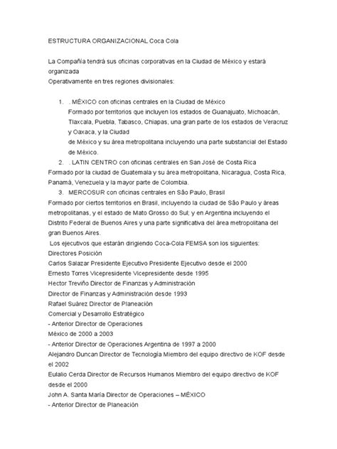 Estructura Organizacional Coca Cola  PDF  Bebidas  Business
