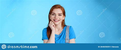 Close Up Satisfied Tender Grinning Cute Redhead Girl Look Cute Lovely Camera Touch Cheek
