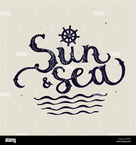 Sun And Sea Marine Lettering Ship Wheel Vector Illustration Stock