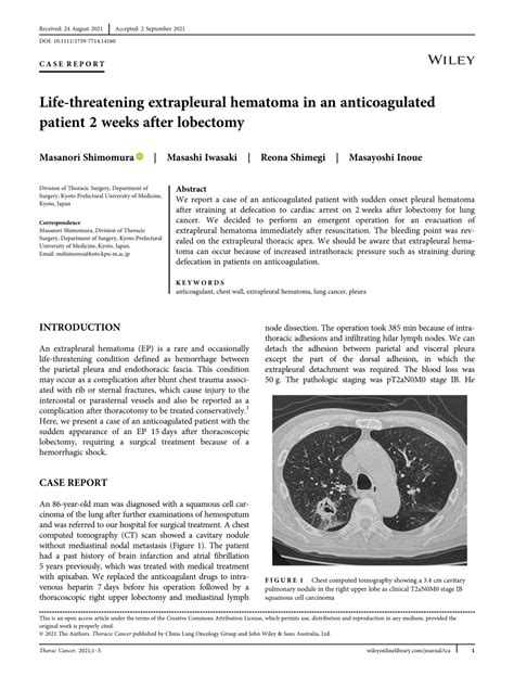 Pdf Life‐threatening Extrapleural Hematoma In An Anticoagulated