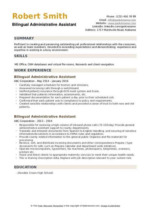 Your dream job awaits, make your move. Bilingual Administrative Assistant Resume Samples | QwikResume