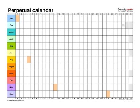 Perpetual Calendar Chart Printable