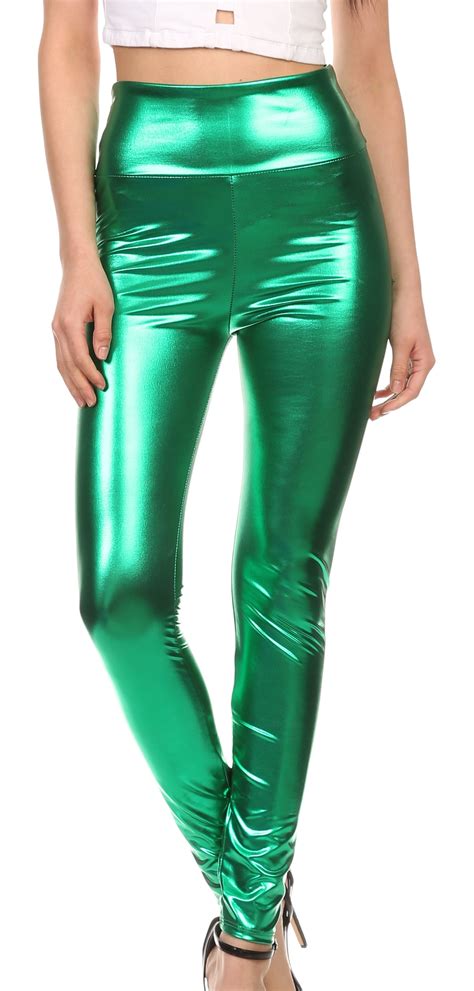 sakkas sakkas shiny liquid metallic high waist stretch leggings made in usa green large
