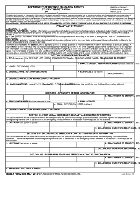 Fillable Dodea Form 600 Student Registration Printable Pdf Download