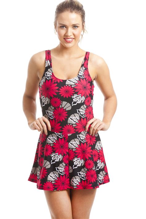 Black Skirted Swimsuit With Red And Black Floral Print
