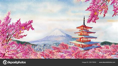 Mount Fuji Japan With Pagoda And Cherry Blossom Fujiyoshida Original