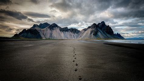 Mountain Beach Black Sand Dune Iceland Cliff Grass Clouds