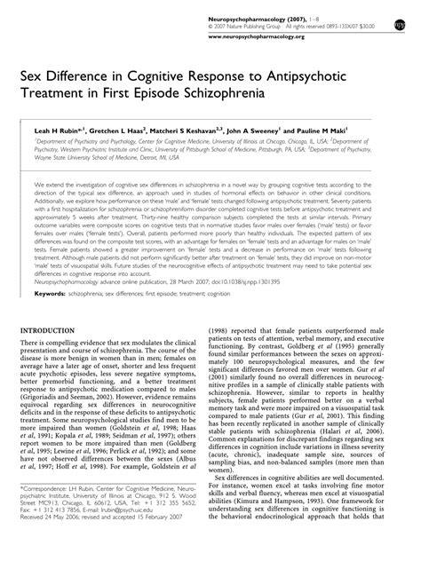 pdf sex difference in cognitive response to antipsychotic treatment in first episode schizophrenia