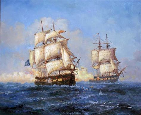 1700s Pirate Ocean Battle Ship Jolly Roger Oil Painting 1700s