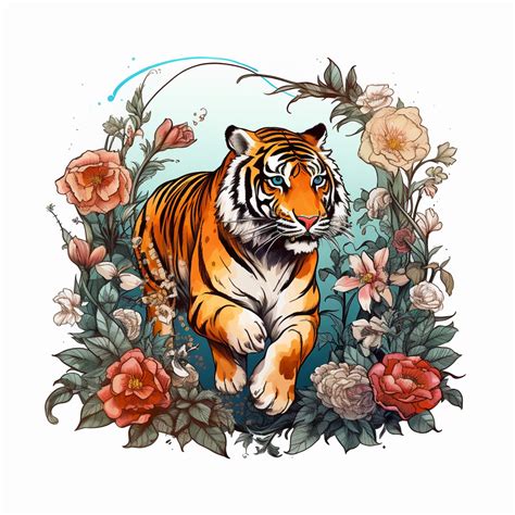 A Retro Illustration Of Prowling Tiger Surrounded With Flowers And Art