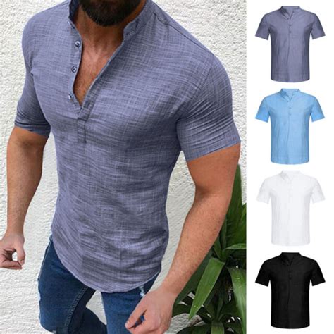 Men Slim Fit Shirt Button Casual Short Sleeve Muscle Tee Work Office