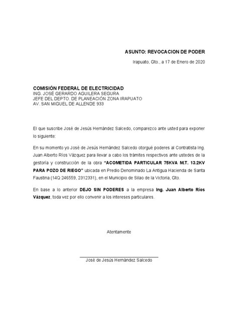 Carta Revocacion Poder Jose De Jesus Hernandez Pdf