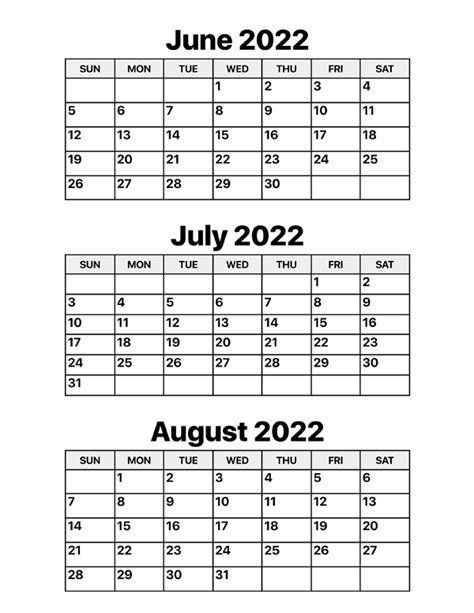 June July August 2022 Calendar Calendar Options