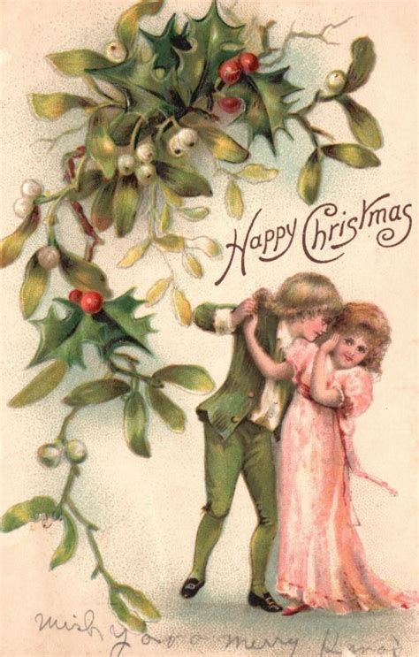 Vintage Postcard Happy Christmas Holly Berries Boy Whispering To Girl