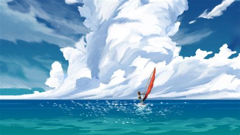 Person Riding Wind Surf Painting Suisei No Gargantia Anime Sea