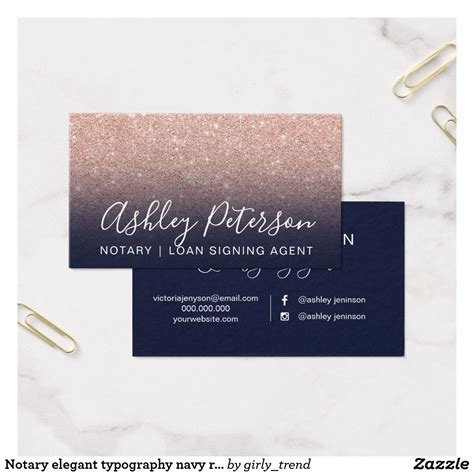 Notary Elegant Typography Navy Rose Gold Glitter Business Card Zazzle