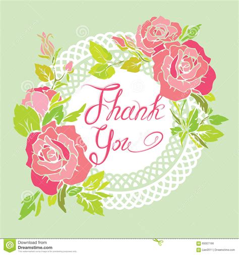 Thank You Card With Beautiful Flovers Pink Roses And Lace White Stock