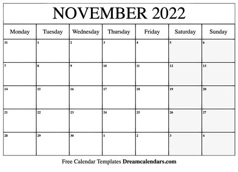 November 2022 Calendar Free Blank Printable With Holidays