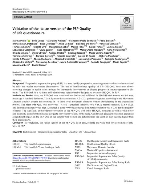 Pdf Validation Of The Italian Version Of The Psp Quality Of Life